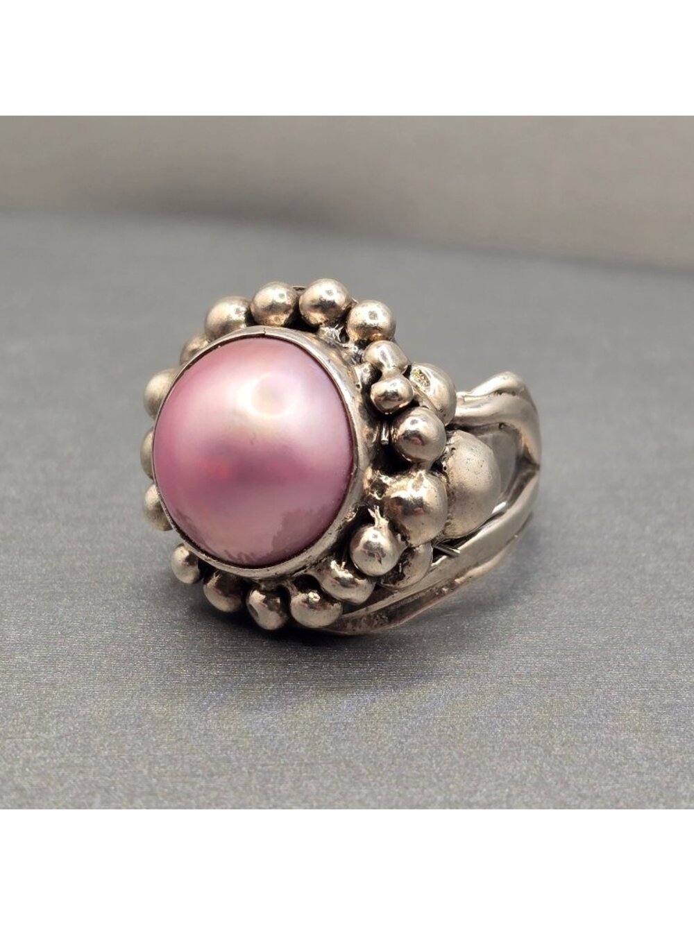 Vintage Masha Archer Sterling Silver Pink Mabe Pearl Ring Size 7 Brutalist